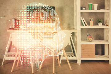 Fototapete - Multi exposure of brain drawing and office interior background. Concept of data technology.