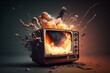 An old TV set explodes with fire and smoke. Generative AI