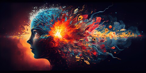 Poster - Generative AI illustration of annual collective mind concept art, exploding mind, inner world, dreams, emotions, imagination and creative mind concept