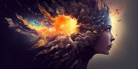 Poster - Generative AI illustration of annual collective mind concept art, exploding mind, inner world, dreams, emotions, imagination and creative mind concept