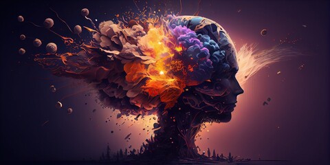 Poster - Generative AI illustration of annual collective mind concept art, exploding mind, inner world, dreams, emotions, imagination and creative mind concept