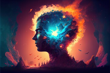 Poster - Generative AI illustration of annual collective mind concept art, exploding mind, inner world, dreams, emotions, imagination and creative mind concept