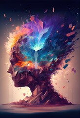 Poster - Generative AI illustration of annual collective mind concept art, exploding mind, inner world, dreams, emotions, imagination and creative mind concept