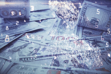 Fototapete - Double exposure of tech theme drawing over usa dollars bill background. Concept of technology.