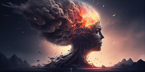 Poster - Generative AI illustration of annual collective mind concept art, exploding mind, inner world, dreams, emotions, imagination and creative mind concept