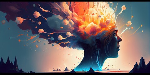 Poster - Generative AI illustration of annual collective mind concept art, exploding mind, inner world, dreams, emotions, imagination and creative mind concept