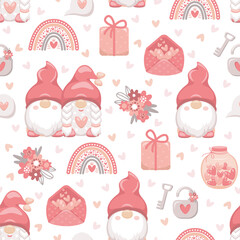 Wall Mural - Valentine's Day theme seamless pattern with gnomes, rainbows, flowers, lock, gift, letter and jar with hearts. Vector illustration.