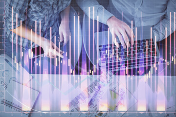 Wall Mural - Multi exposure of man and woman working together and forex graph hologram drawing. Financial analysis concept. Computer background. Top View.