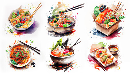 Generative AI illustration of knolling japanese cuisine food, watercolor paint style, set of asian food