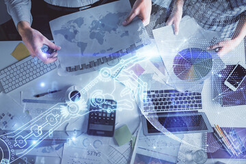 Fototapete - Double exposure of man and woman working together and technology theme drawing. Computer background. Top View. High tech concept.