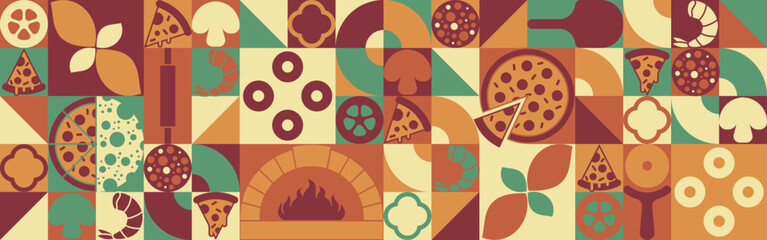 Mid-century modern style Italian pepperoni pizza banner ads, flyer with symbols of ingredients and elements on geometric background. Creative simple Bauhaus style with geometric shapes. Vector icons.