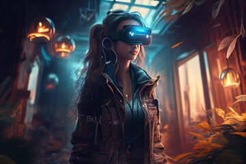 Generative AI illustration of an enthusiastic young women wearing virtual reality goggles is inside the metaverse. Metaverse concept and virtual world elements