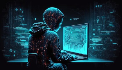ai robot using laptop computer. programmer coding. generated by midjourney ai