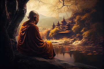 Generative AI illustration of Buddhist monk in meditation beside the river with beautiful nature background