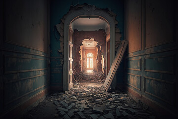 Wall Mural - Old damaged corridor with a door at the end. Generative AI