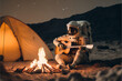Astronaut playing guitar in the evening near campfire and tent on alien planet, practicing music, lifestyle and journey concept, ai generated art