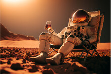 An Astronaut Sits On A Chair And Basks Under The Rays Of A Bright Star While Drinking Wine On An Alien Planet, The Concept Of Travel And Lifestyle Of An Astronaut On Another Planet, Art Generated Ai