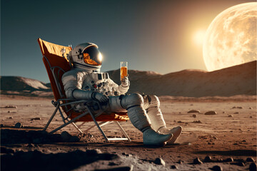 an astronaut sits on a chair and basks under the rays of a bright star while drinking beer on an ali
