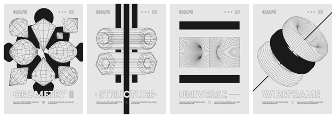 Wall Mural - Unusual strange wireframes anti-design vector set posters inspired by brutalism, Shapes psychedelic composition in Y2k trendy style, Geometric figures, distortion and transformations