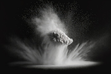 Canvas Print - White dust eruption in slow motion against a dark background. halting the motion of the white powder on the black background. White powder for explosives against a black background. Generative AI