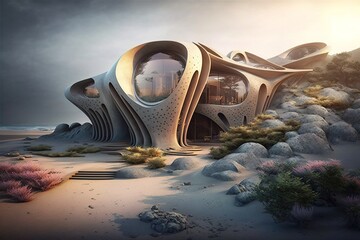 Wall Mural - A futuristic home with flowing organic shapes that fits perfectly into the surrounding landscape. Creative concept of the future. Generative AI archtectural photography.