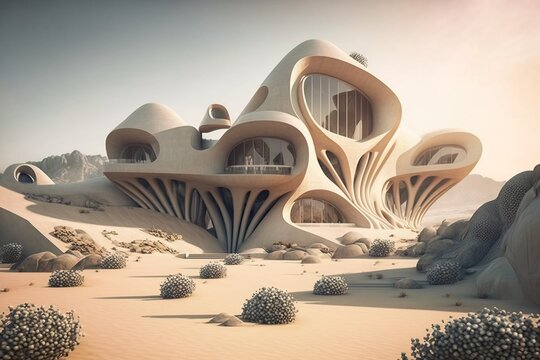 a futuristic home with flowing organic shapes that fits perfectly into the surrounding landscape. cr