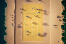 Aerial Image Of Volleyball Players. During A Match, A Top View Of The Volley Ball Court. Generative AI