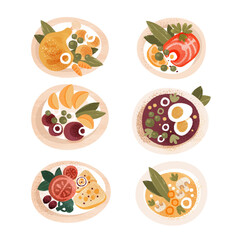 Sticker - Tasty Meal and Dish Served on Plate for Restaurant Menu Vector Set