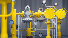 Gas Equipment Close-up. Compressor Station With Pressure Gauges. Gas Equipment Inside Factory Building. Yellow Pipes On Metal Supports. Supply Of Production With Natural Gas. 3d Rendering.