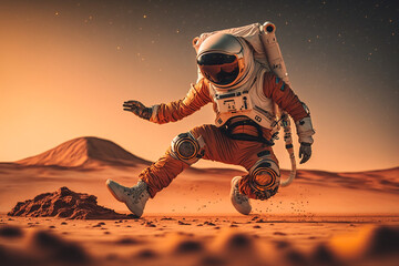 Wall Mural - an astronaut dances breakdance on the expanses of mars. active lifestyle and travel concept. ai gene
