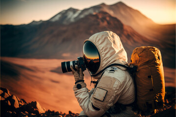 Astronaut photographer takes a photo of a landscape on an alien planet, the concept of travel, exploration and lifestyle, ai generated art