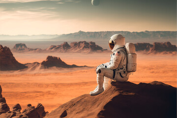 Wall Mural - astronaut sits on the edge of a cliff and admires the amazing landscape of mars, the concept of trav