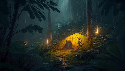 Wall Mural - rain on a cozy tent in the forest, tropic, quiet, calm, peaceful, meditation, camping, night, relax