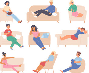 Sticker - People relax sofa and chairs. Relaxed sitting and sleeping adults, flat men and women. Teenage tired, mother at home on snugly couch vector set