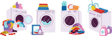 Washing Machine Scenes And Wash Powder, Clean Or Dirty Clothes Pile. Home Laundry, Dry Cleaning Service Or Public Laundries, Decent Vector Set