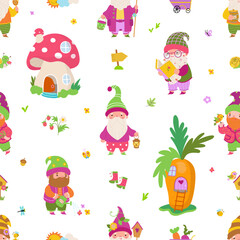  Cartoon gnome seamless pattern. Fairy houses and dwarf, cute funny children magic tale fabric print template. Garden gnomes nowaday vector element