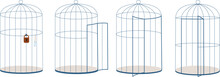 Various Open And Closed Cages, With Lock And Key. Lined Cage For Animal Or Birds. Restriction Of Freedom And Rights Vector Metaphor Elements