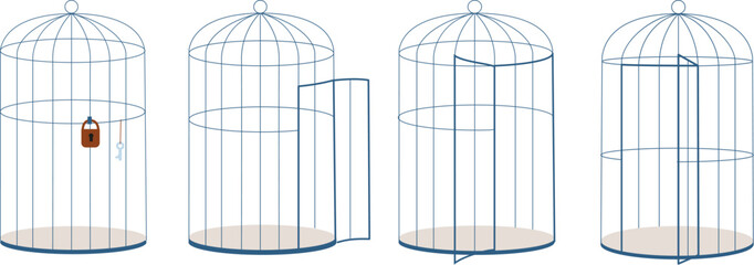 Sticker - Various open and closed cages, with lock and key. Lined cage for animal or birds. Restriction of freedom and rights vector metaphor elements