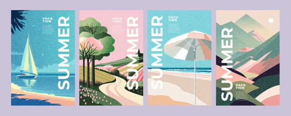 Summer nature landscape poster, cover, card set with sea view, sunny beach, mountains, fields and typography design. Summer holidays, vacation travel in Europe illustrations.