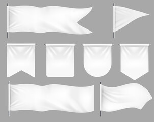 Wall Mural - Realistic banner flags. 3D white blank textile signs and waving fabric for advertising. Realistic blank white fabric signs mockup for advertising, outdoor exhibition cotton waving flags