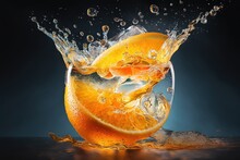  An Orange Splashing Into A Glass With Water On The Bottom Of It And A Black Background With A Blue Back Ground And A Blue Back Ground.  Generative Ai