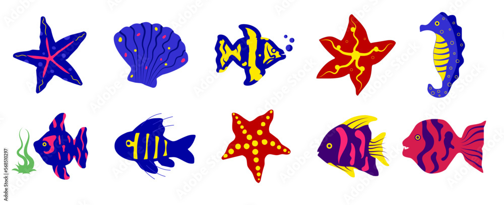 Collection of Vector Hand drawn Sea Creatures, Set of sea fish in a ...