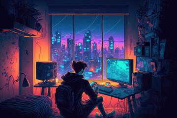 Teenager playing video games in his comfortable bedroom next to a large window at night, with a cyberpunk metropolis visible outside. Cyberpunk city at night, with neon lights in the background