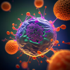 Wall Mural - cancer cell dividing and embryonic stem cells in the background. created with ai generation tools