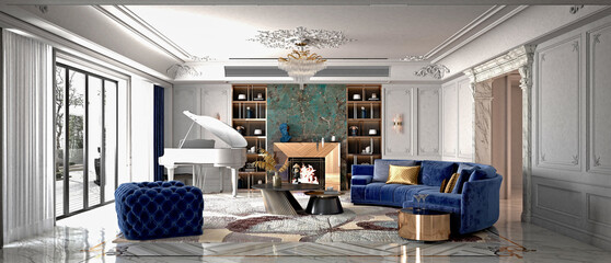 3d render of luxury home living and dining room