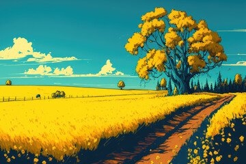 Poster - a deep blue sky and an autumn field of yellow. Generative AI