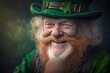 Old leprechaun with a mischievous twinkle in his eye and a bushy beard. He is wearing a green hat and green coat. Saint Patrick's day concept