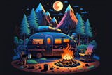 Fototapeta  - cartoon illustration, caravan camping at night, ai generative