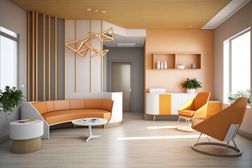 contemporary doctor's office, with sleek lines and a warm color palette. The focal point of the image should be the reception desk, with a welcoming and professional atmosphere. Generative AI.