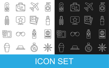 Poster - Set line Wind rose, Passport, Bottle of water, Plane, Map pointer with star, Suitcase, Please do not disturb and Photo icon. Vector